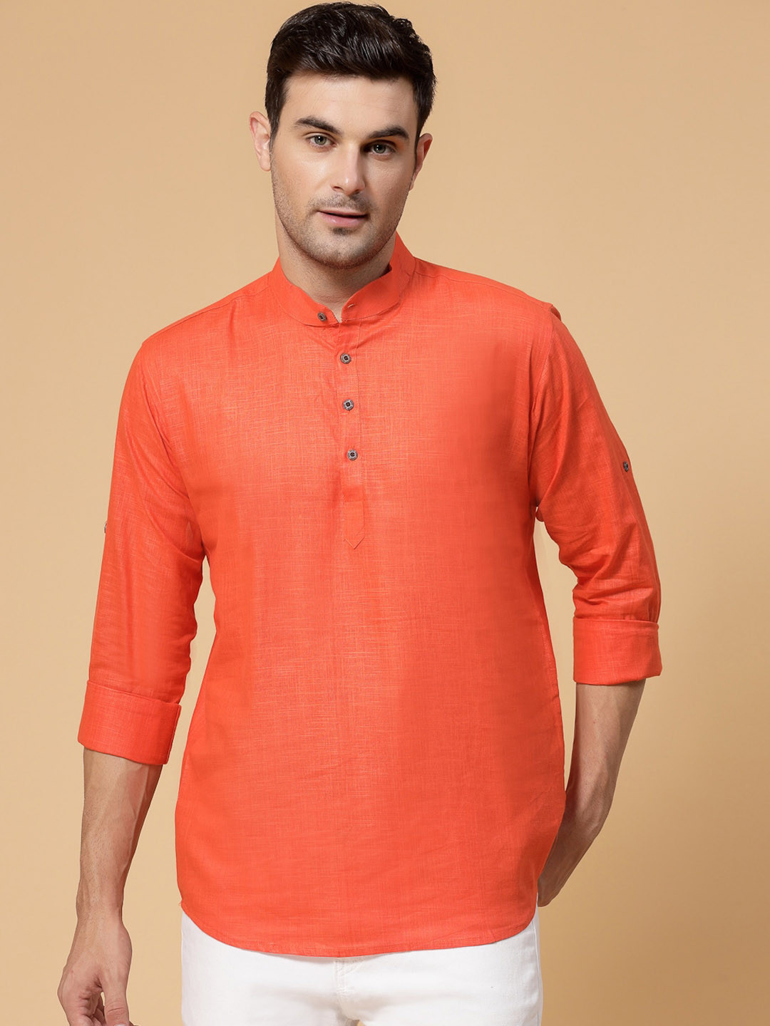 Buy Allan Peter Mandarin Collar Roll Up Sleeves Cotton Short Kurta