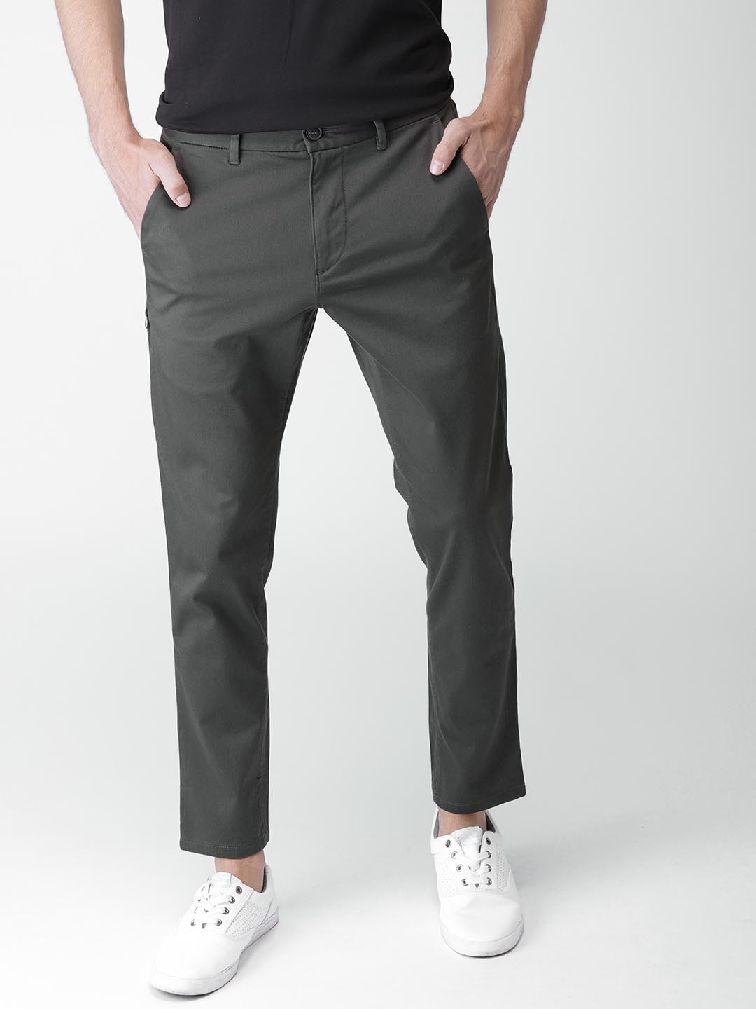 Buy Mast & Harbour Men Charcoal Grey Slim Fit Solid Chinos - Trousers ...
