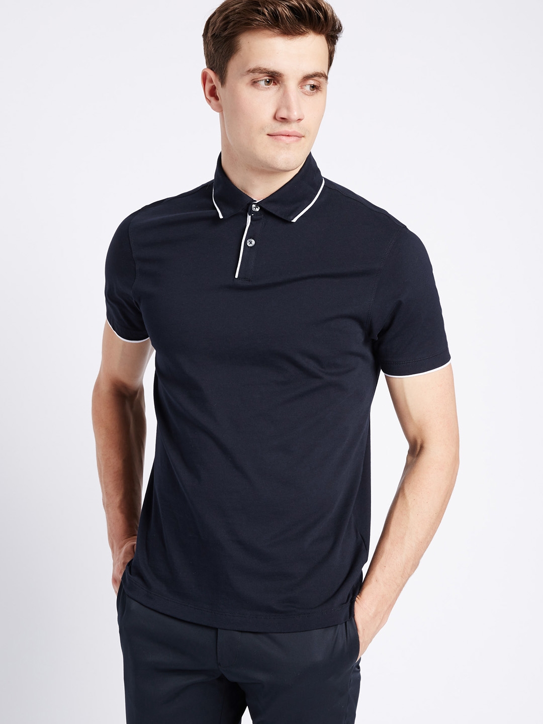 Buy Marks & Spencer Men Navy Blue Solid Polo Collar T Shirt - Tshirts ...