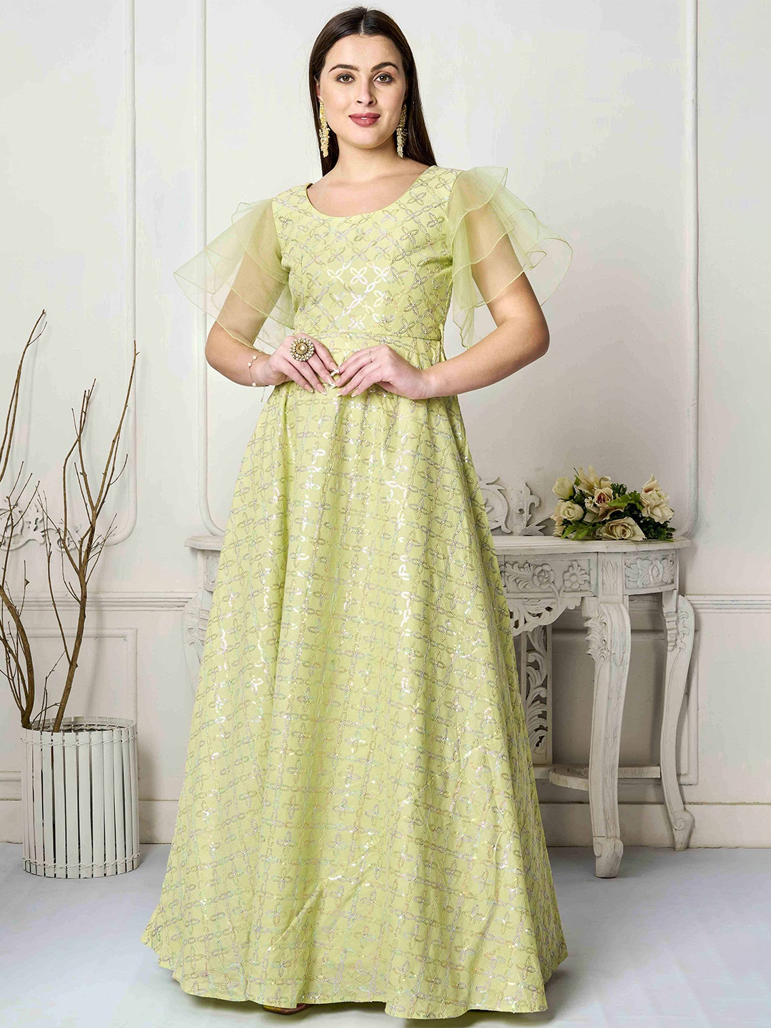 Buy Ethnovog Embellished Flutter Sleeves Sequinned Cotton Fit & Flare ...