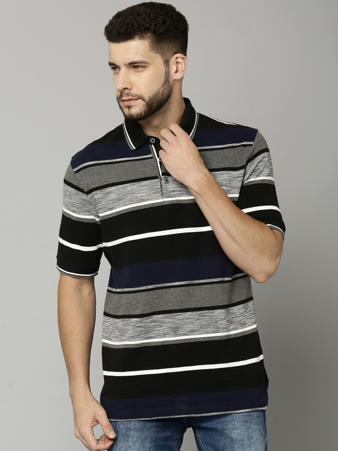 Buy Marks & Spencer Men Black & Grey Striped Polo Collar T Shirt
