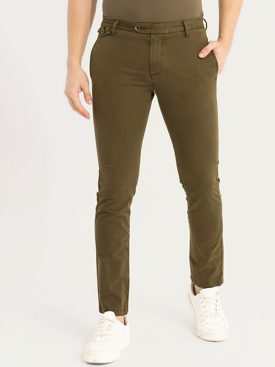 Buy Snitch Men Olive Green Slim Fit Cotton Chinos Trousers - Trousers ...