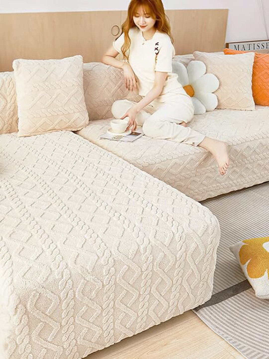 Buy HOUSE OF QUIRK Beige Self Designed Jacquard 1 Seater Sofa Cover