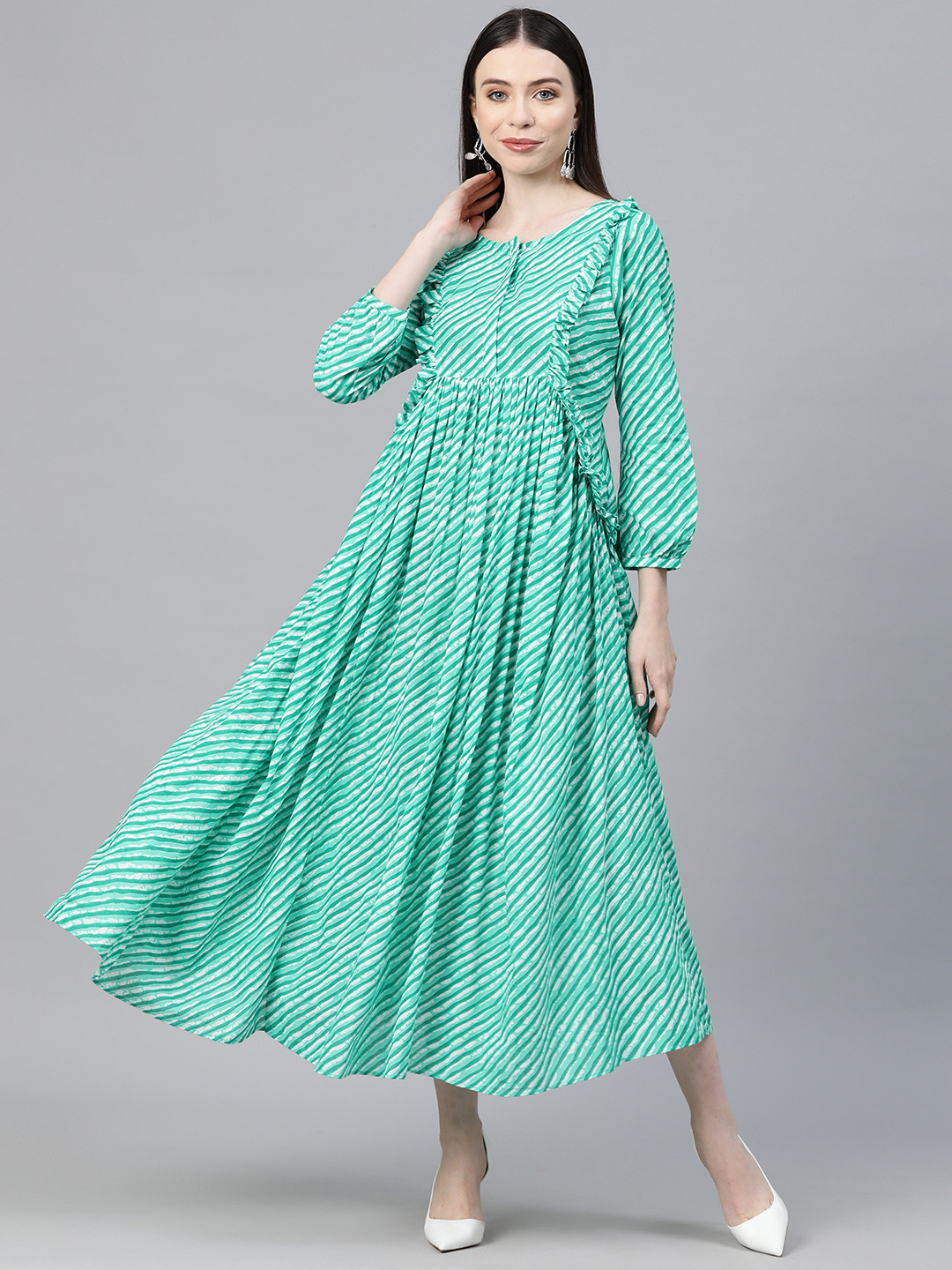 Blue Leheriya Print Maxi Ethnic Dress with Ruffle Sleeves & Flared Silhouette