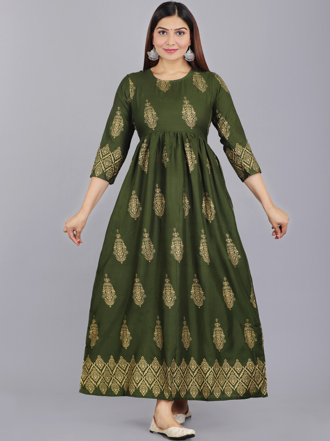 Women's Olive Ethnic Motifs Printed Embellished Anarkali Kurta