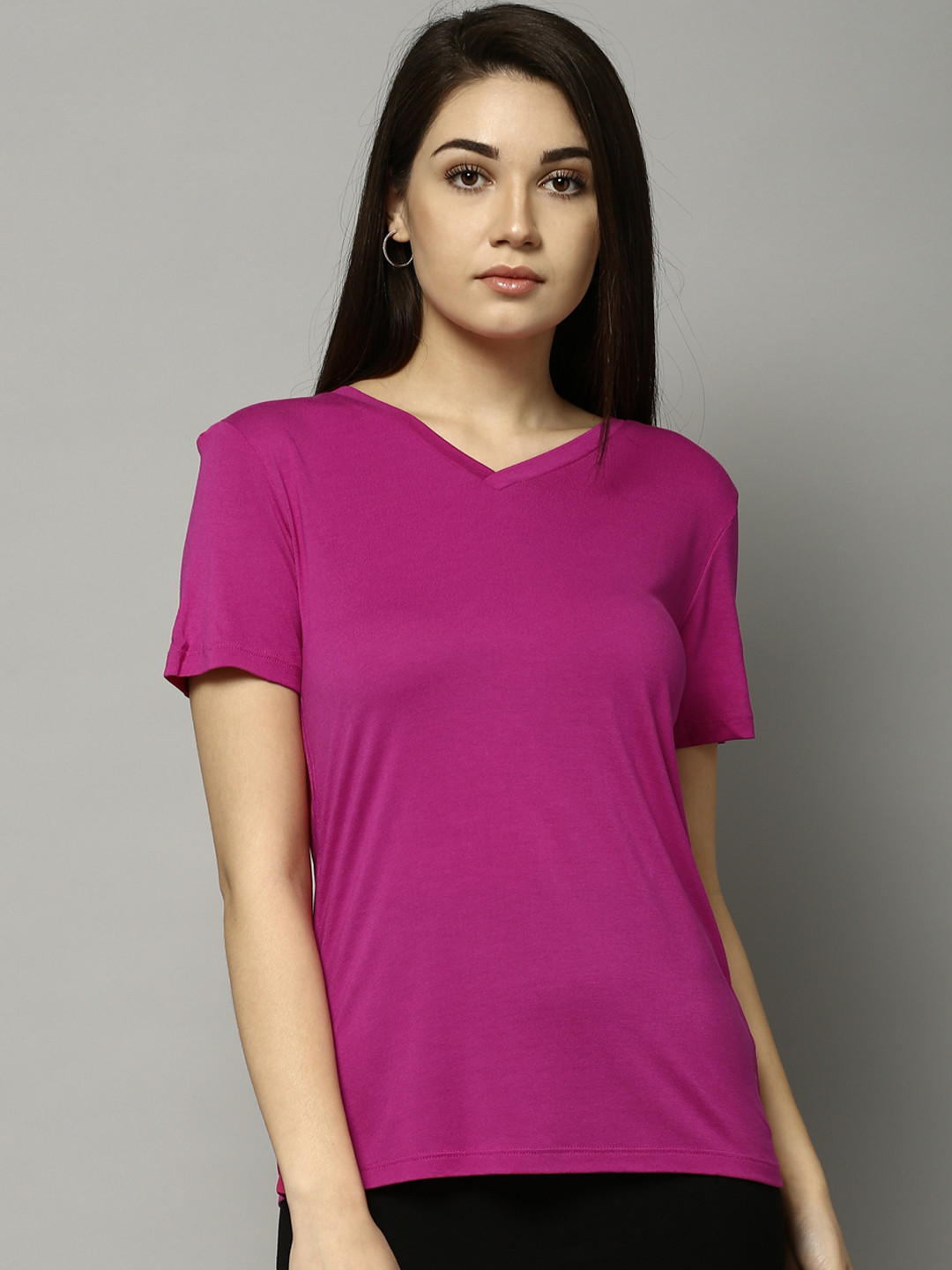 Buy Marks & Spencer Women Magenta Solid V Neck T Shirt Tshirts for