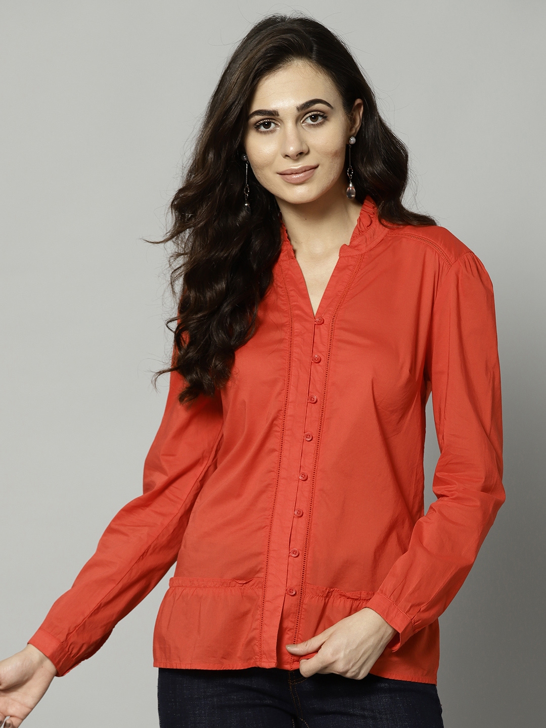 Buy Marks & Spencer Women Red Solid Shirt Style Pure Cotton Top - Tops ...