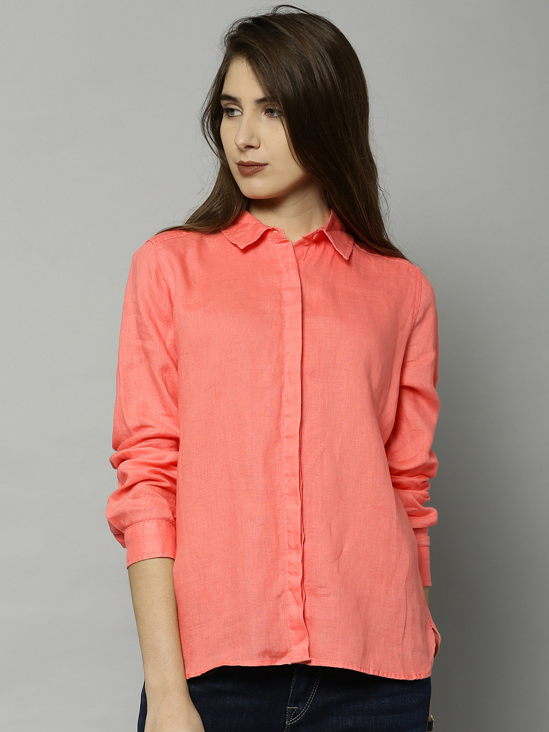 Buy Marks & Spencer Women Coral Pink Regular Fit Linen Casual Shirt