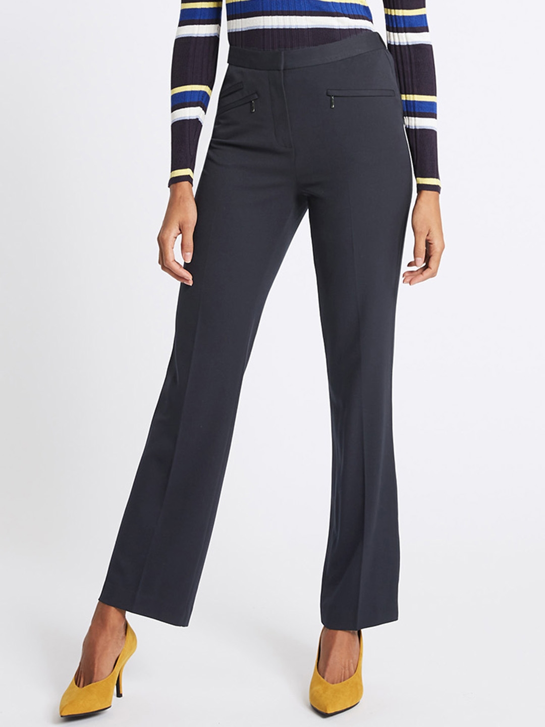 Buy Marks & Spencer Women Navy Blue Solid Bootcut Trousers - Trousers ...