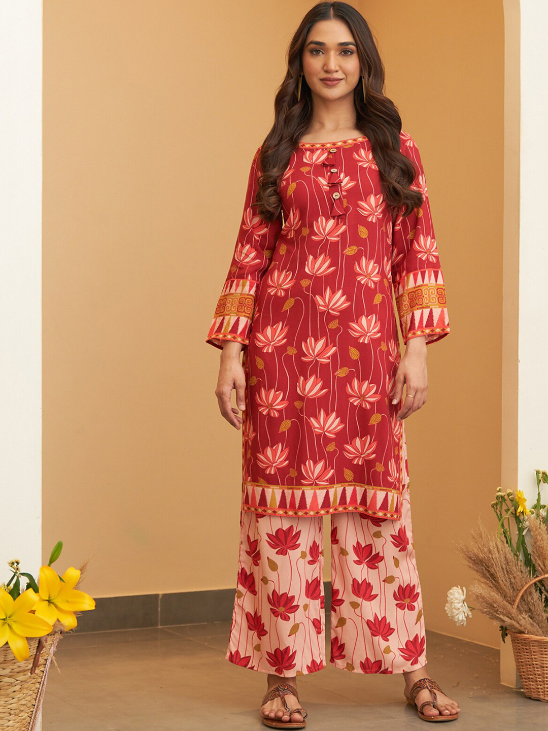 Buy Rustorange Floral Printed Straight Kurta With Palazzos - Kurta Sets ...