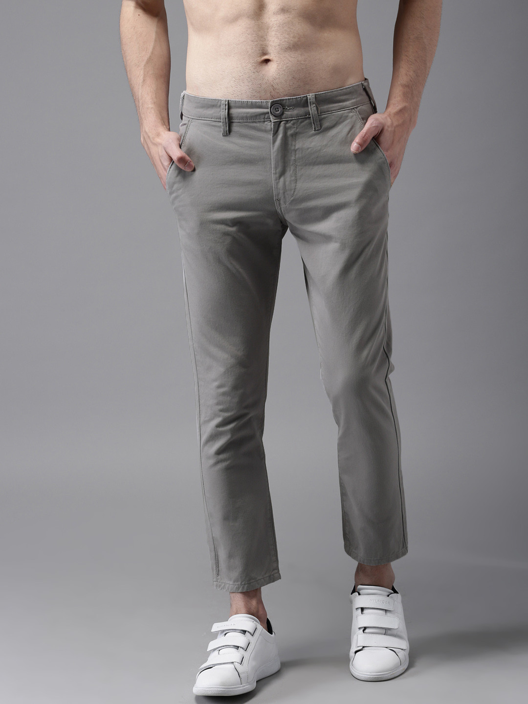 Buy HERE&NOW Men Grey Slim Fit Solid Cropped Chinos - Trousers for Men ...