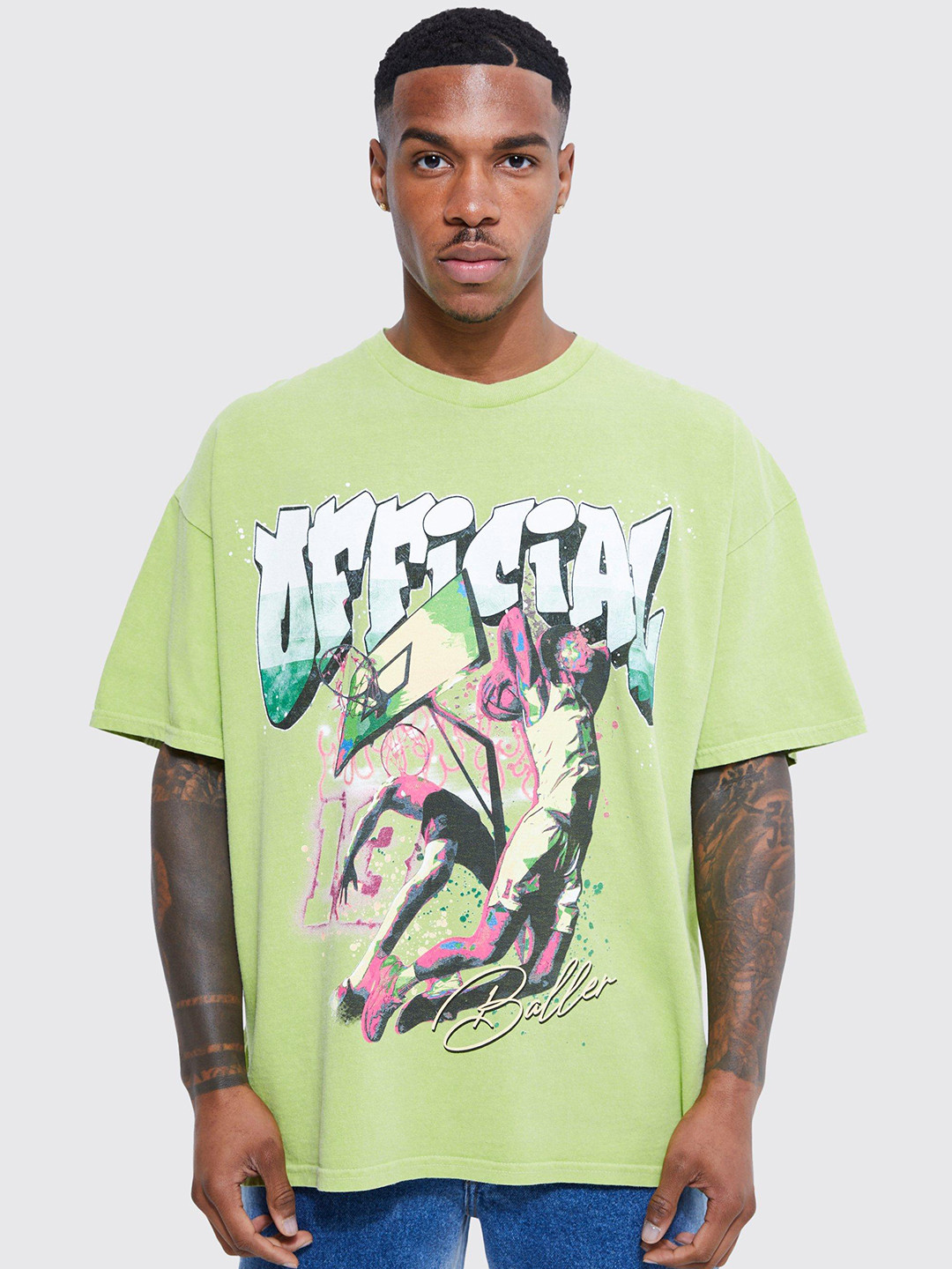 Buy BoohooMAN Printed Drop Shoulder Sleeves Pure Cotton Oversized T 