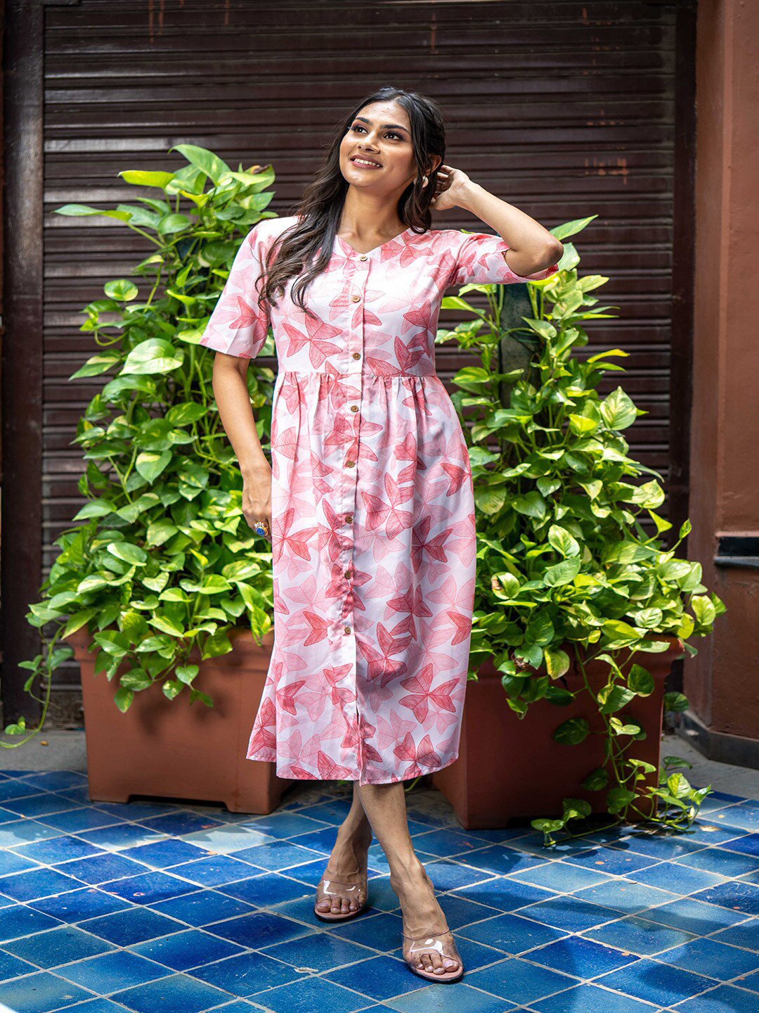 Women Powder Blue Floral Printed V-Neck A-Line Dress main image 1