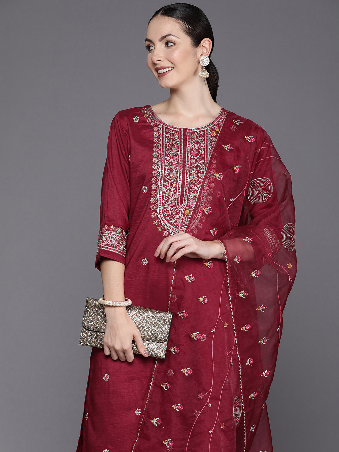 Indo Era Plus Size Maroon Embroidered Straight Kurta Trousers With Dupatta Set