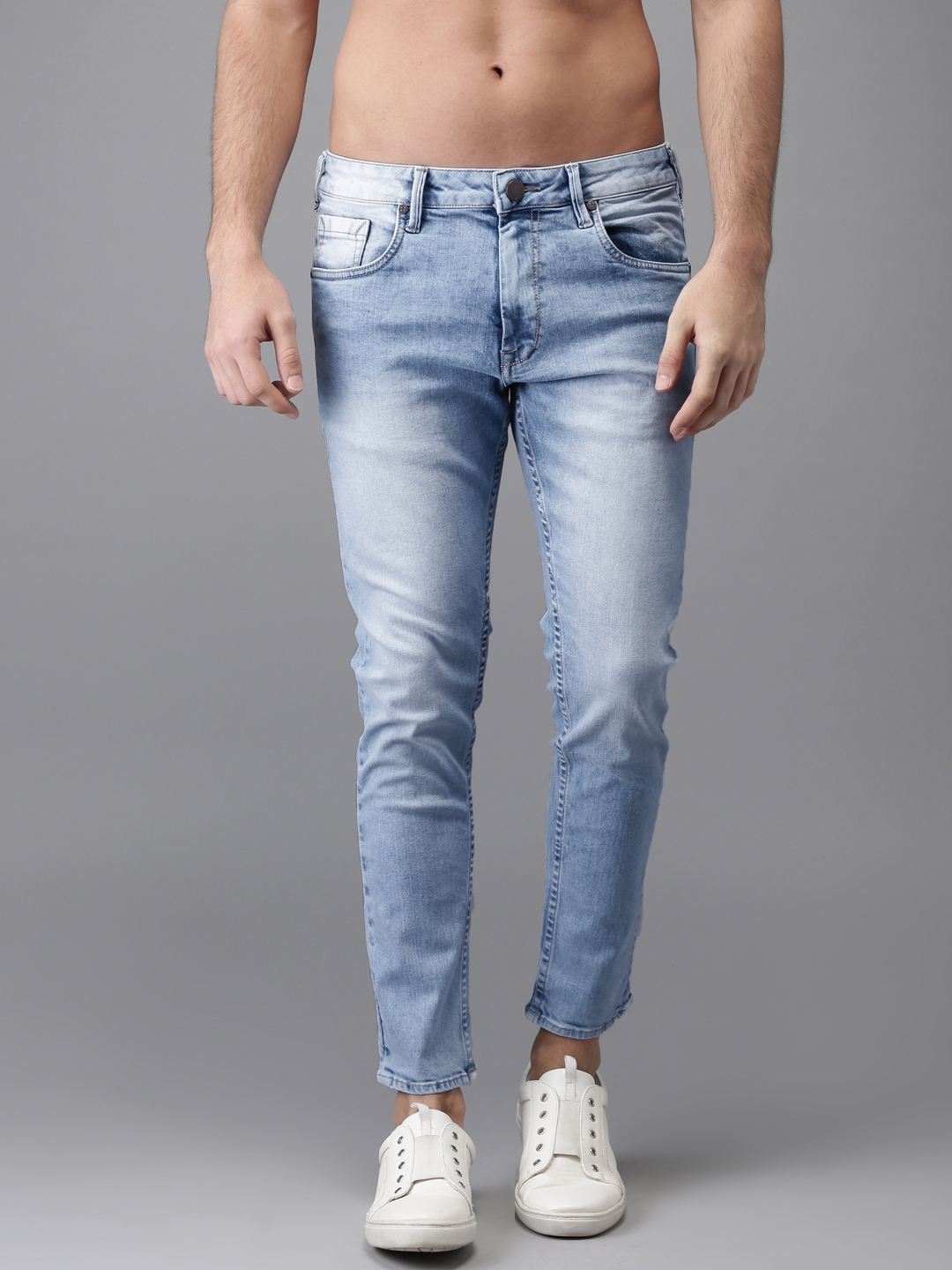 Buy Hereandnow Men Blue Tapered Fit Mid Rise Clean Look Stretchable