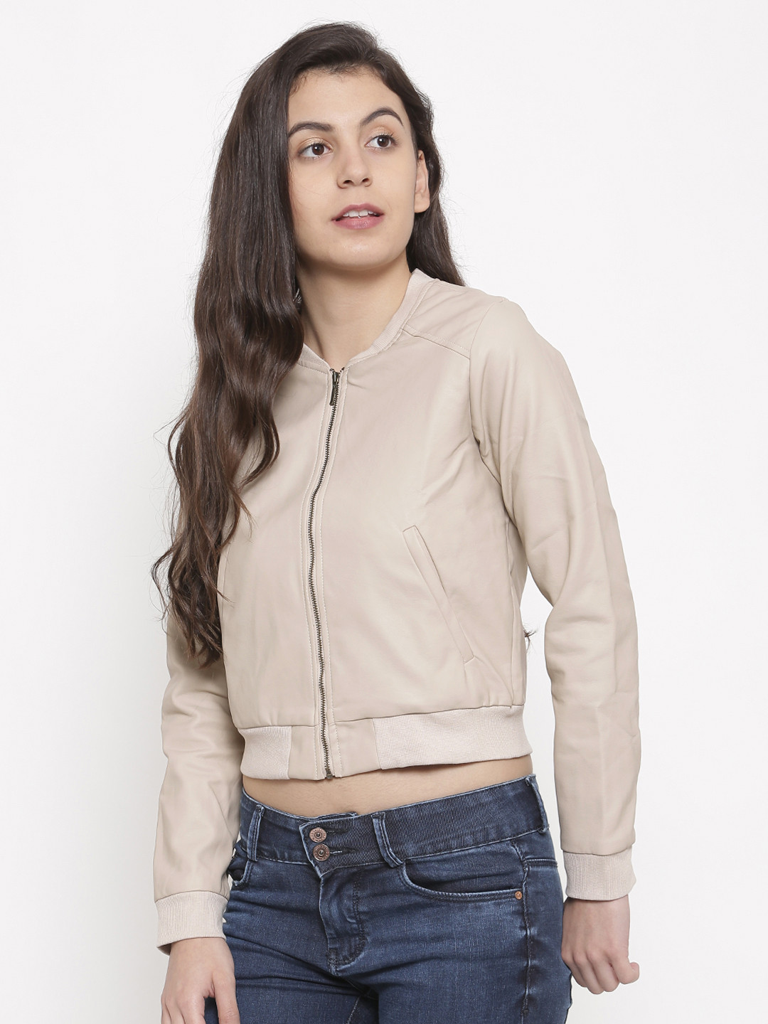 Buy Ginger By Lifestyle Women Cream Coloured Solid Bomber Jacket
