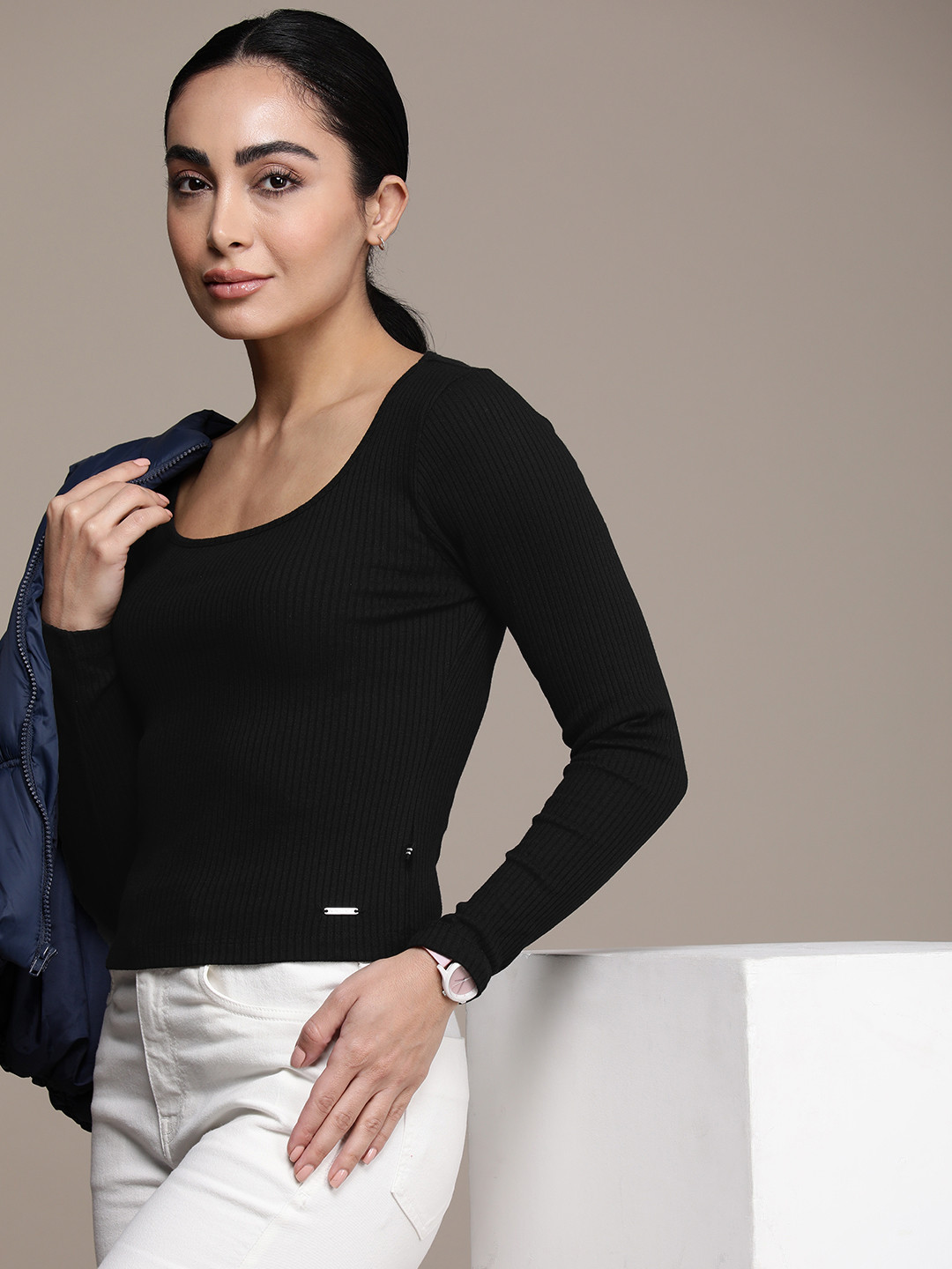 Monki long sleeve slim fit scoop neck T-shirt in black and off-white stripe