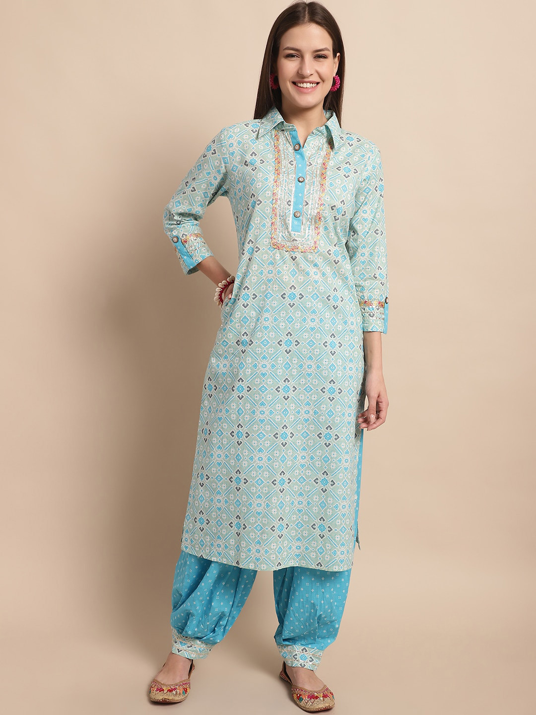 Dark maroon premium slub cotton unstitched salwar material (lining optional) ajrak patch yoke with zari work, panel design, teal blue cotton bottom, hand block printed mul cotton dupatta. FB262417 main image 0