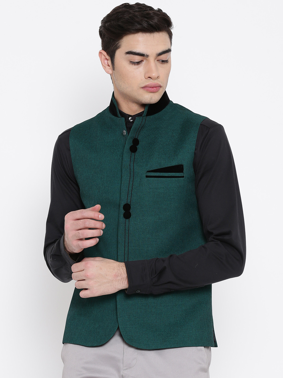 Buy Platinum Studio Green Solid Nehru Jacket Nehru Jackets for Men