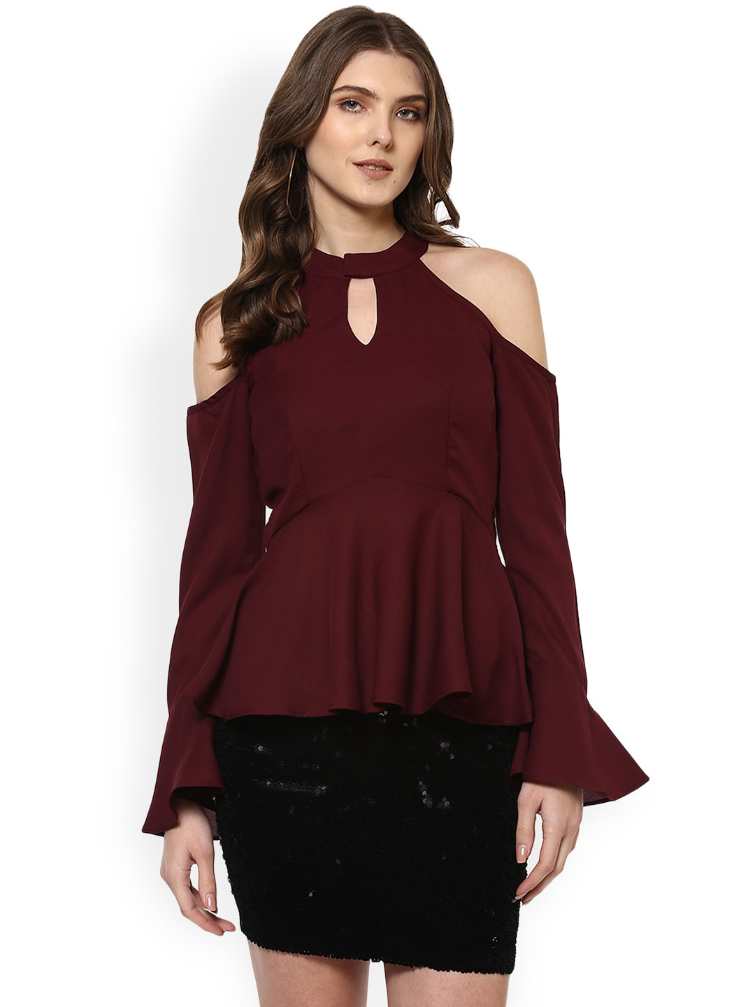 Buy WoowZerz Women Burgundy Solid Cold Shoulder Peplum Top Tops for
