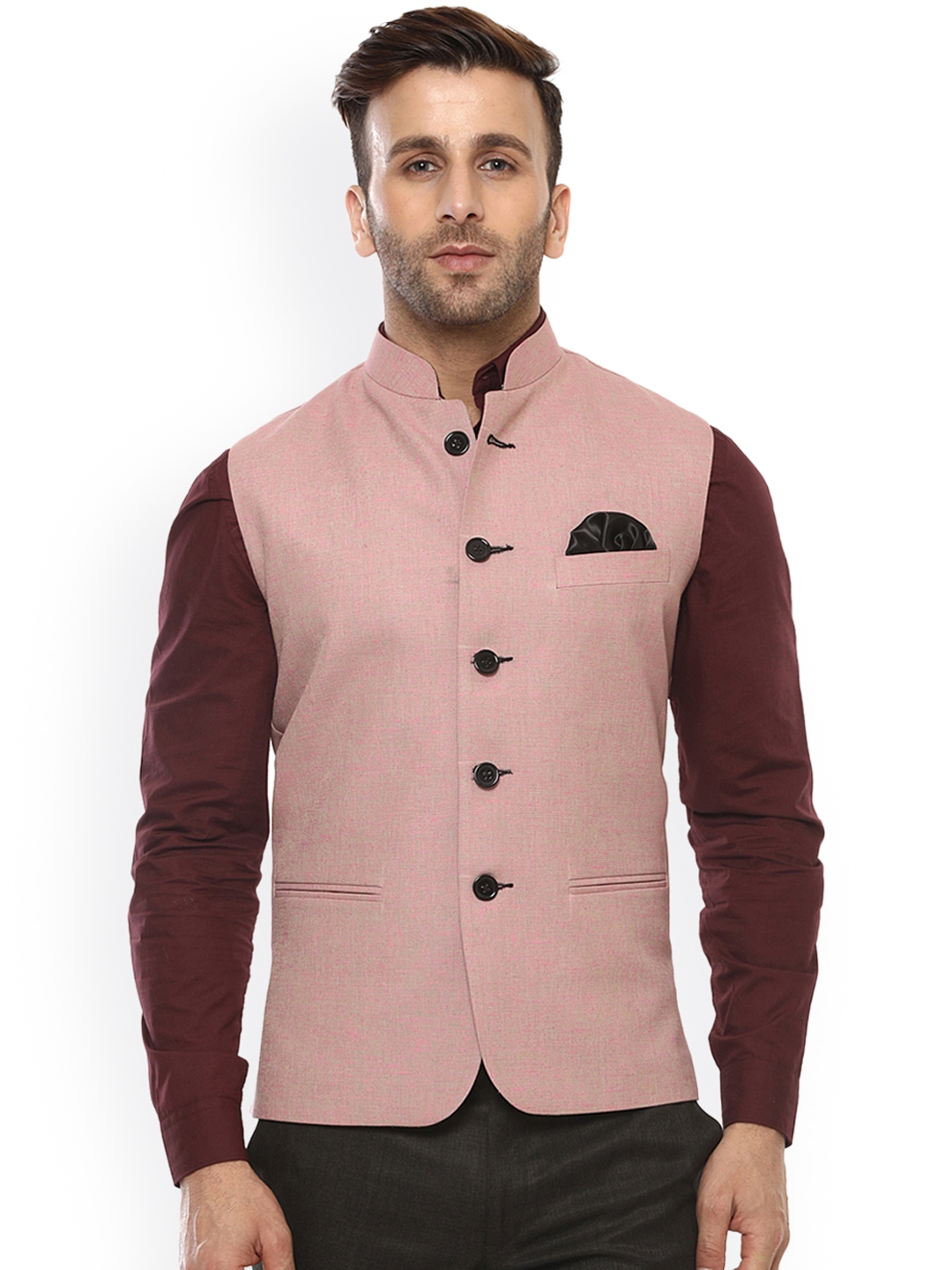 Buy Hangup Men Pink Self Design Nehru Jacket - Nehru Jackets for Men ...