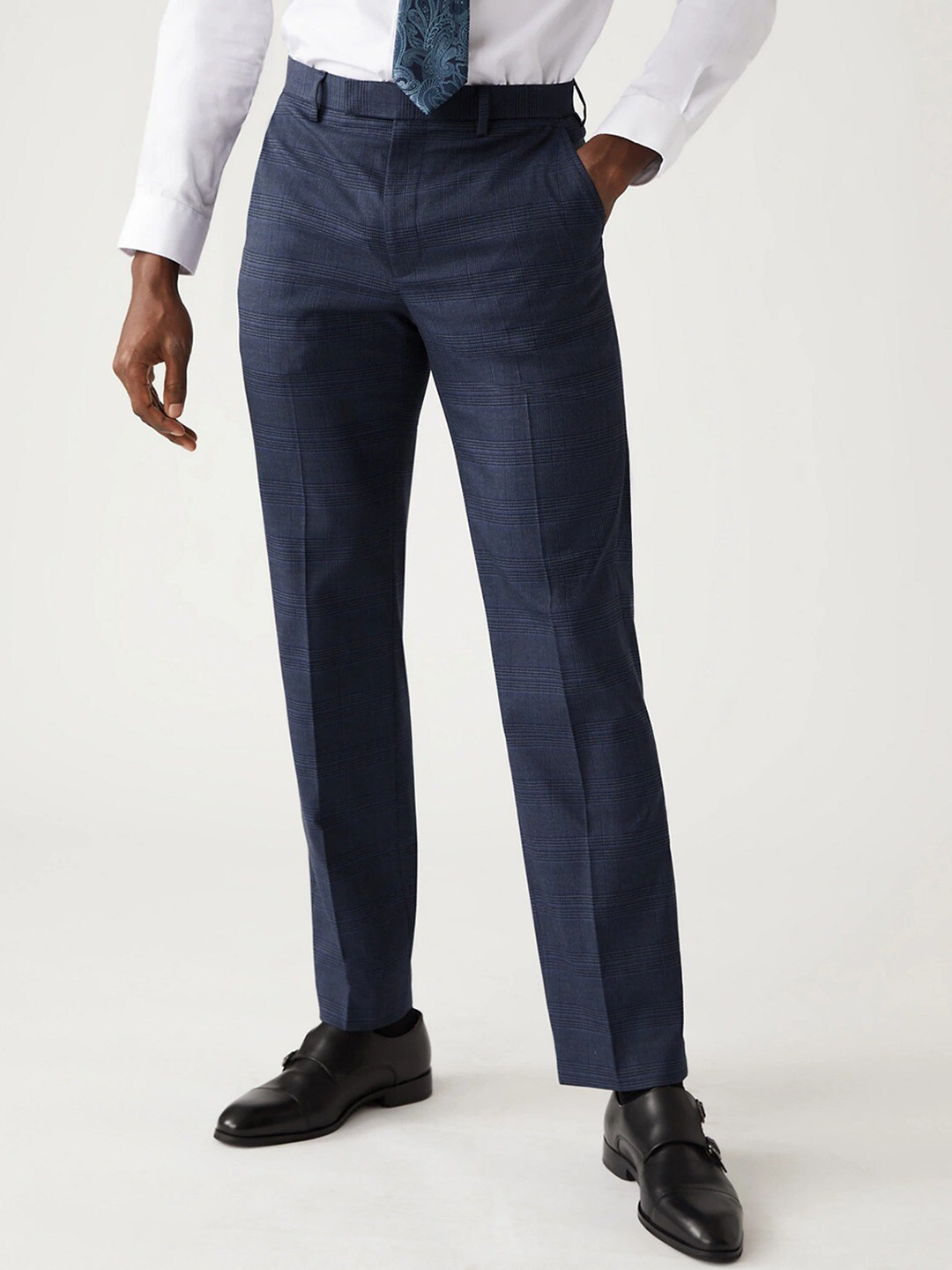 Buy Marks & Spencer Men Checked Formal Trousers - Trousers for Men ...