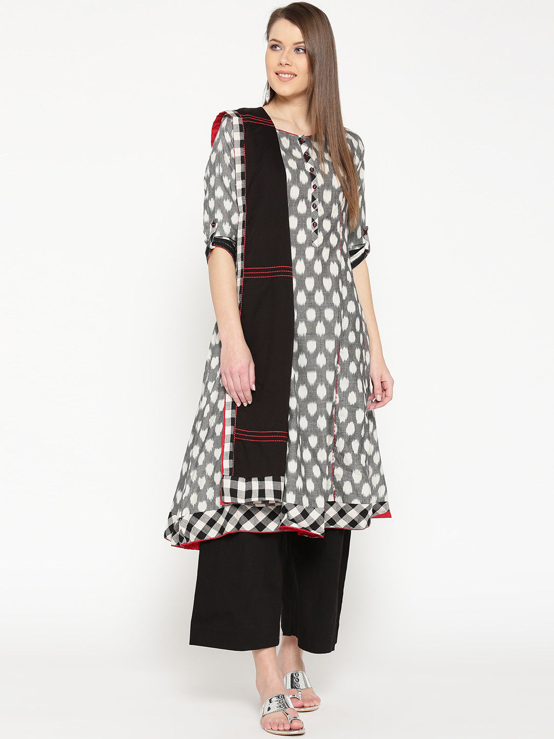 Buy Biba Women Grey & Black Printed Kurta With Palazzos & Dupatta