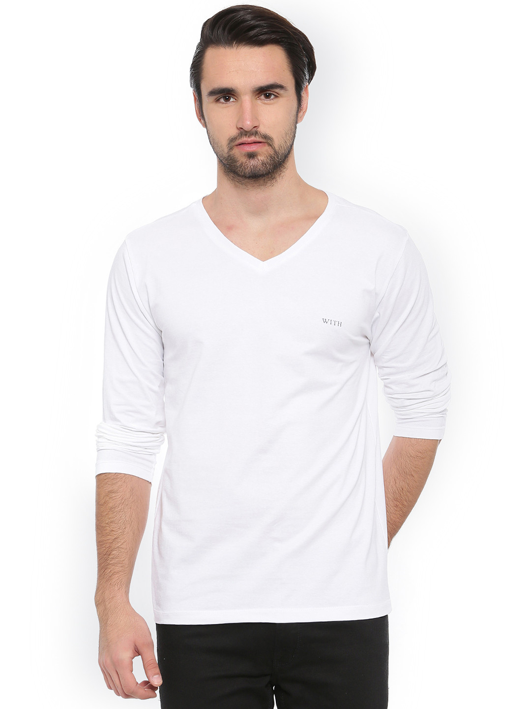Buy WITH Men White Solid V Neck T Shirt - Tshirts for Men 2380710 | Myntra