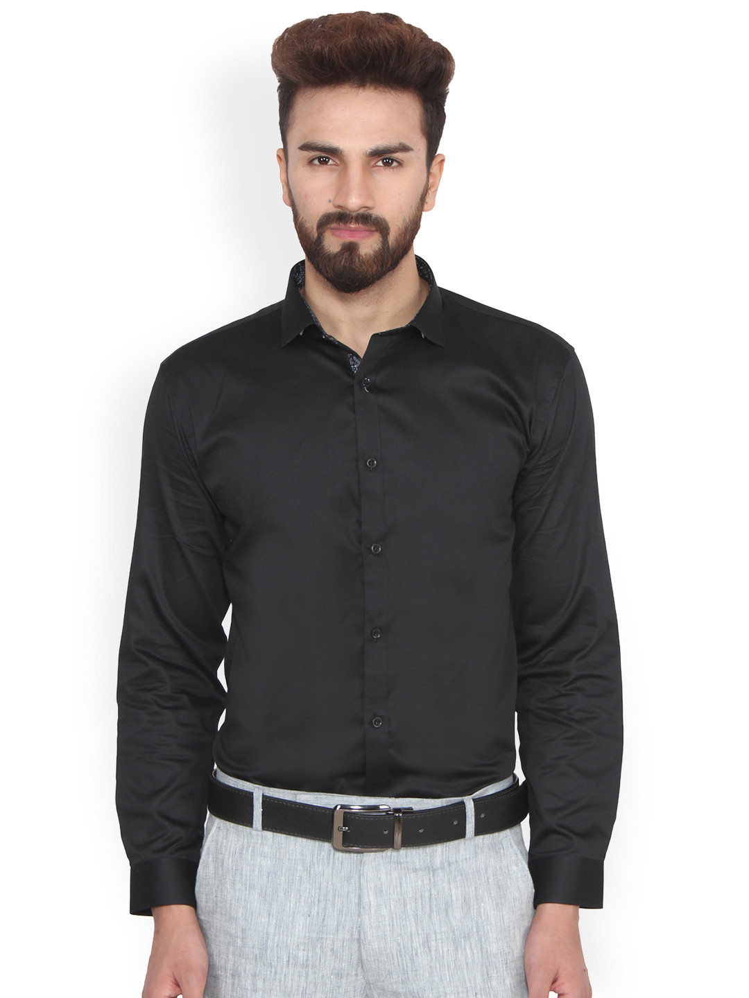 Buy Hangup Men Black Regular Fit Solid Formal Shirt ...
