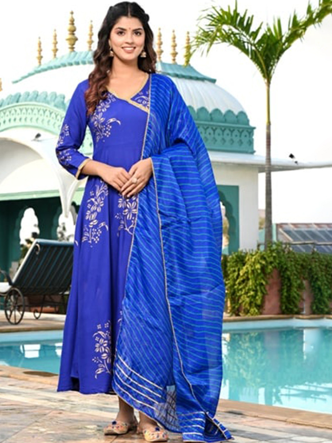 Floral Printed Gota Patti Embellished Angrakha Kurta with Sharara Set