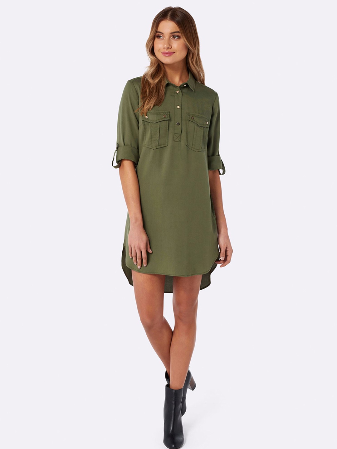 Buy Forever New Women Olive Green Solid Shirt Dress - Dresses for Women