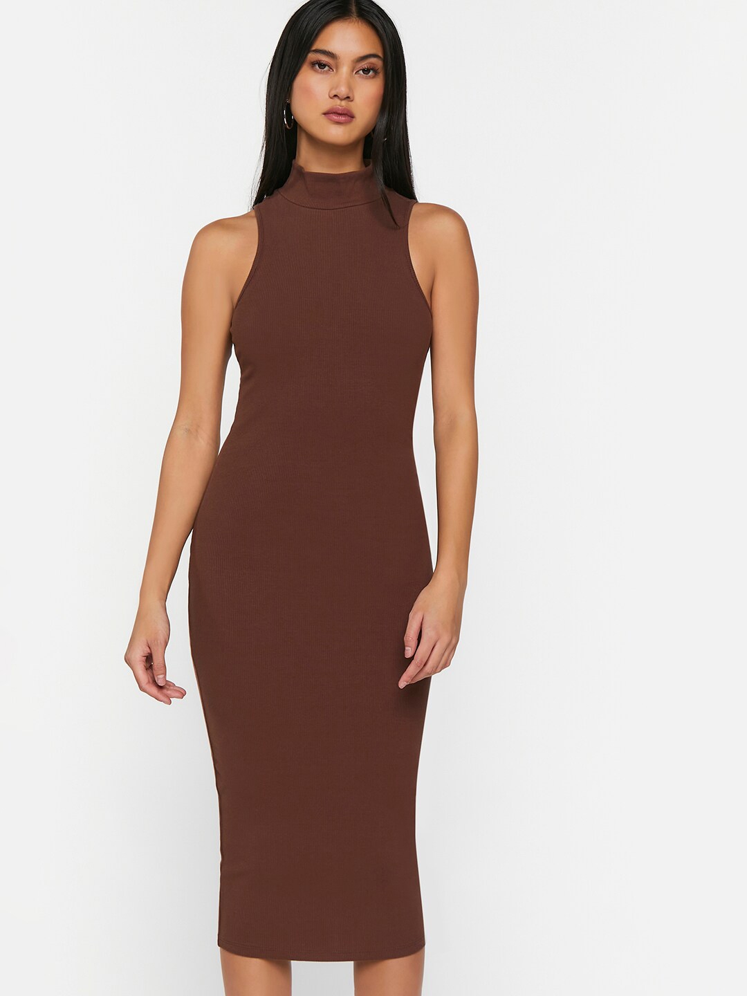 Buy FOREVER 21 Brown High Neck Sleeveless Bodycon Midi Dress - Dresses ...