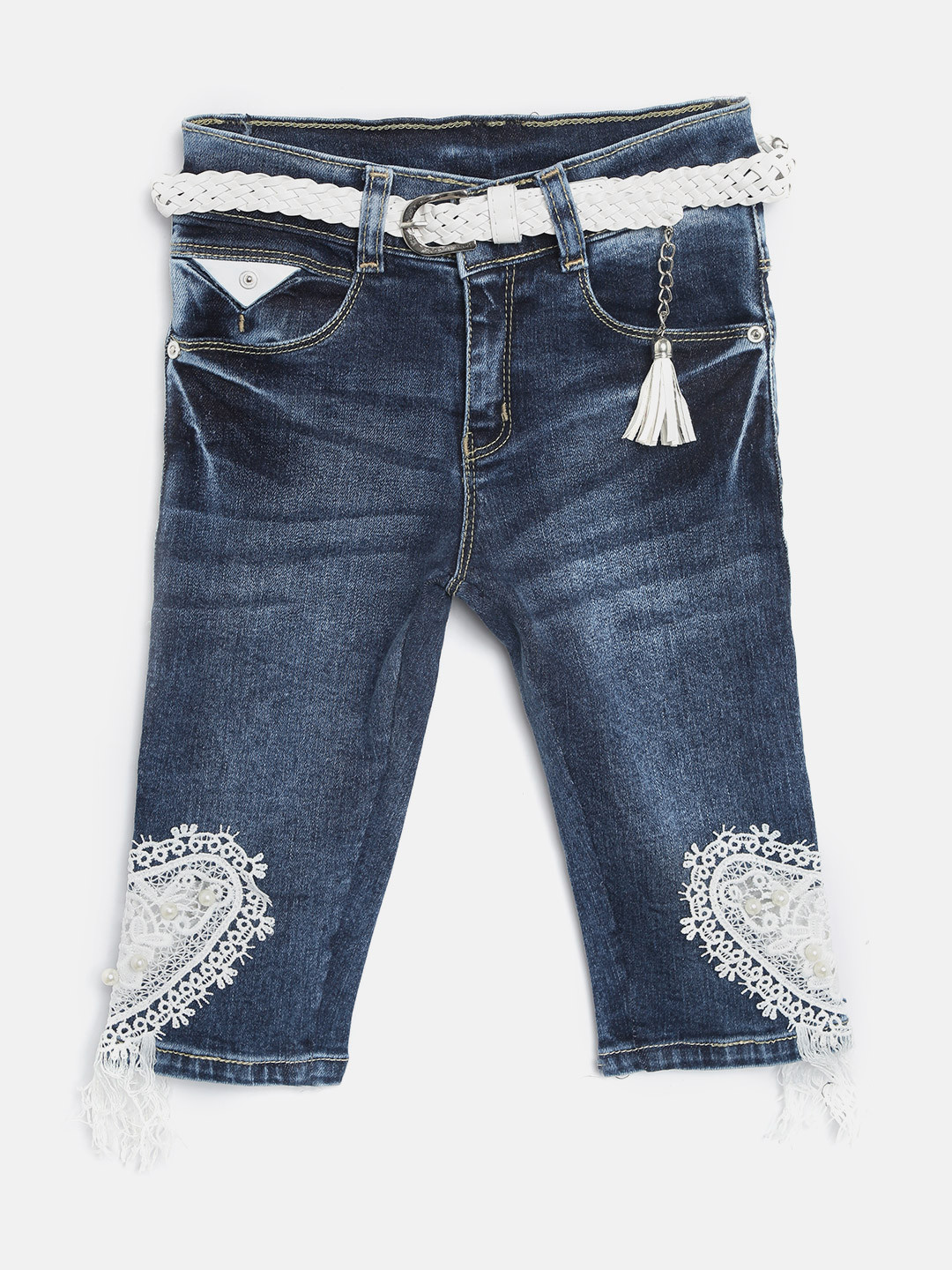 Buy Tiny Girl Blue Denim Capris With Belt Capris for Girls 2381982