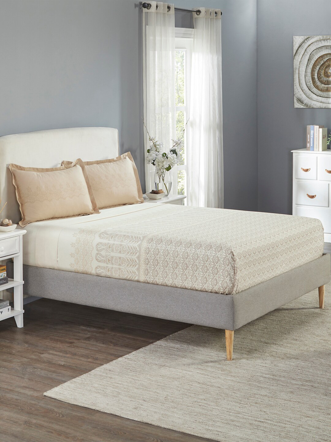 Buy Trident Beautiful Beginnings Beige Cotton 210 TC King Bedsheet With