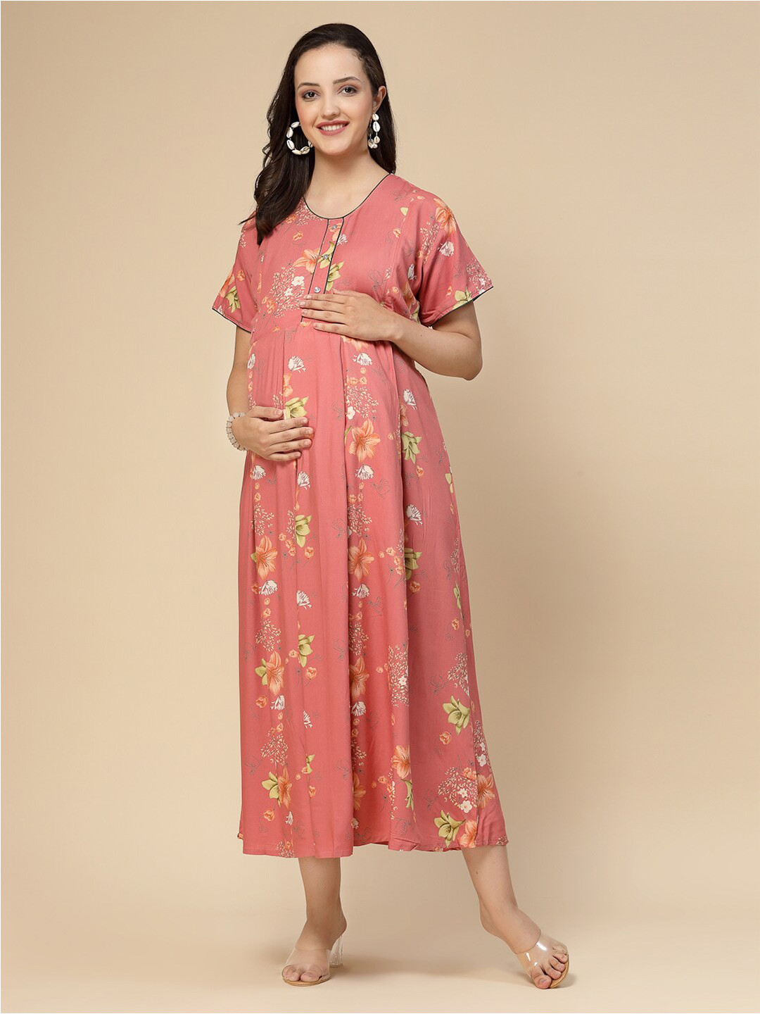 Floral Print Round Neck Pleated Maternity Midi Dress