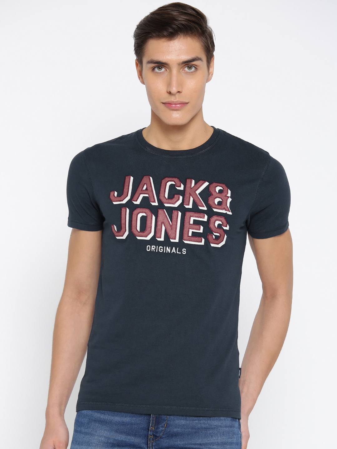 Buy Jack Jones Men Navy Printed Round Neck Pure Cotton T Shirt ...