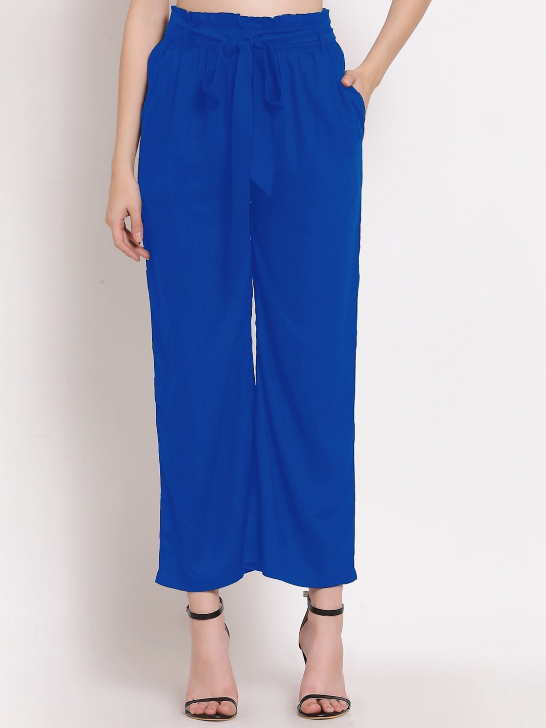 Women's Blue Comfort Loose Fit Pleated Trousers
