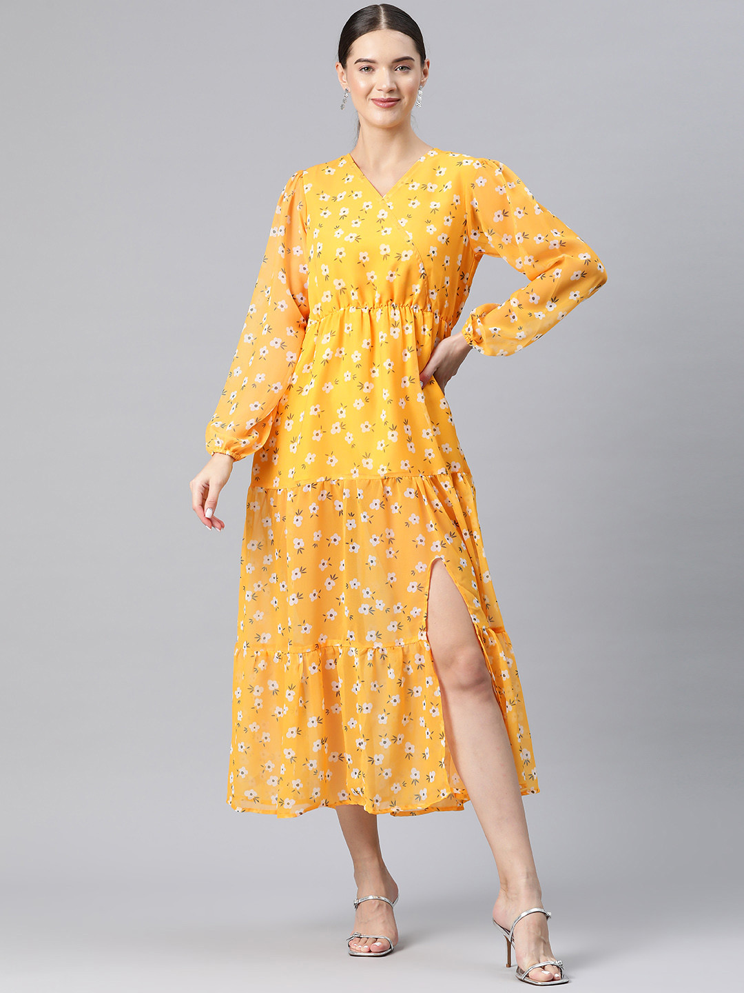 Women's Yellow Floral Print Puff Sleeve Crepe Fit & Flare Midi Dress