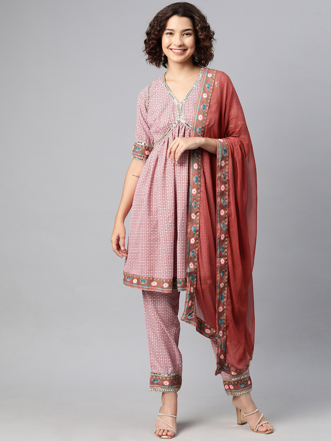 Women Pink Printed Empire Kurta with Trousers & Dupatta Set main image 0
