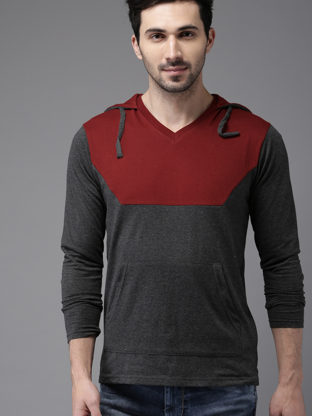 Buy HERENOW Men Grey Colourblocked Hood Pure Cotton T Shirt Tshirts