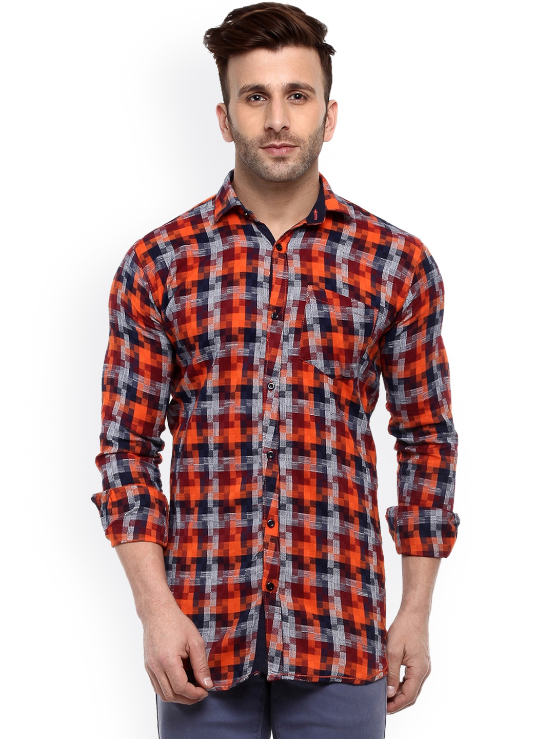 Buy Hangup Men Orange & Grey Smart Regular Fit Checked Casual Shirt ...
