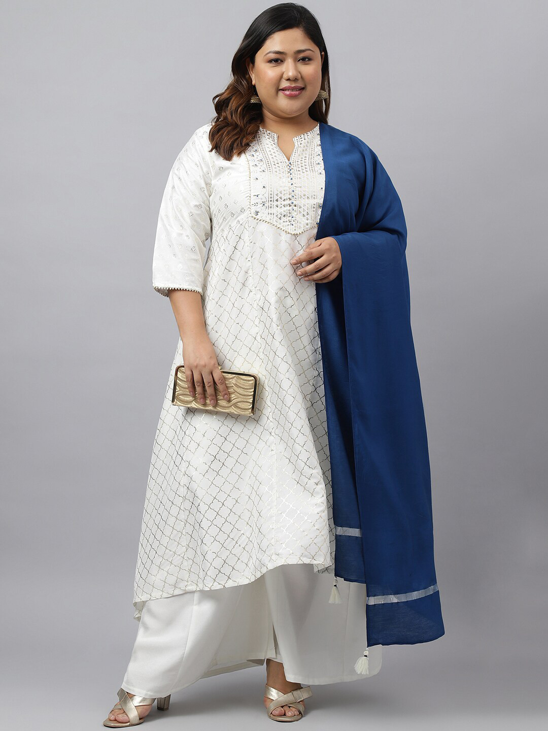 Women Plus Size Grey Ethnic Printed Kurta And Palazzo With Dupatta