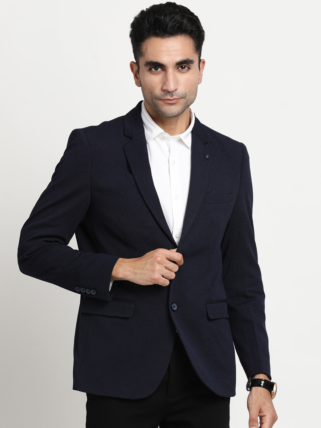 Men's Blue Self Design Single-Breasted Slim-Fit Blazer