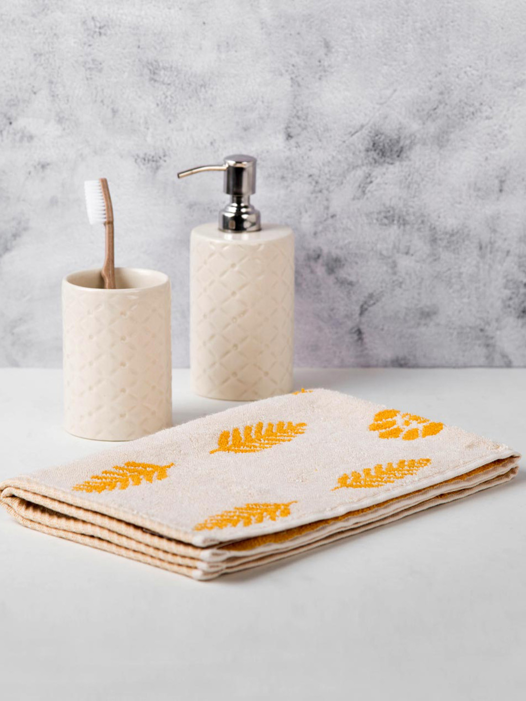 Buy Fabindia Siena Buti Yellow Cotton 550 GSM Hand Towel Hand Towels