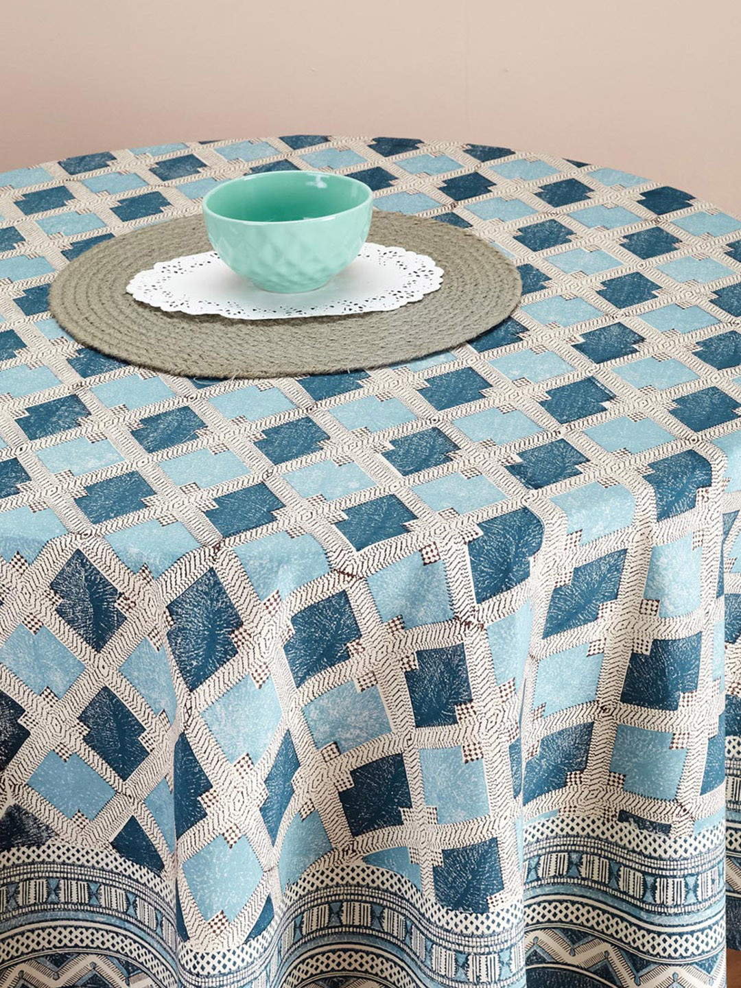 Buy Fabindia 4 Seater Earth Files Blue Printed Cotton Round Dining