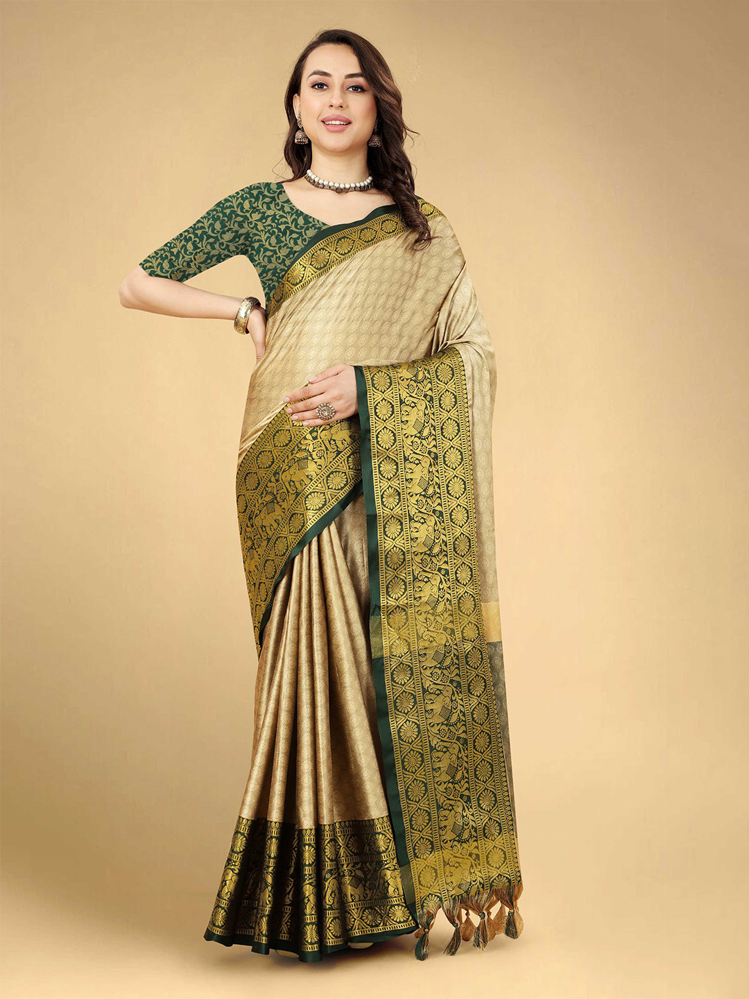 Buy Mitera Beige & Gold Toned Ethnic Motifs Woven Design Zari Silk