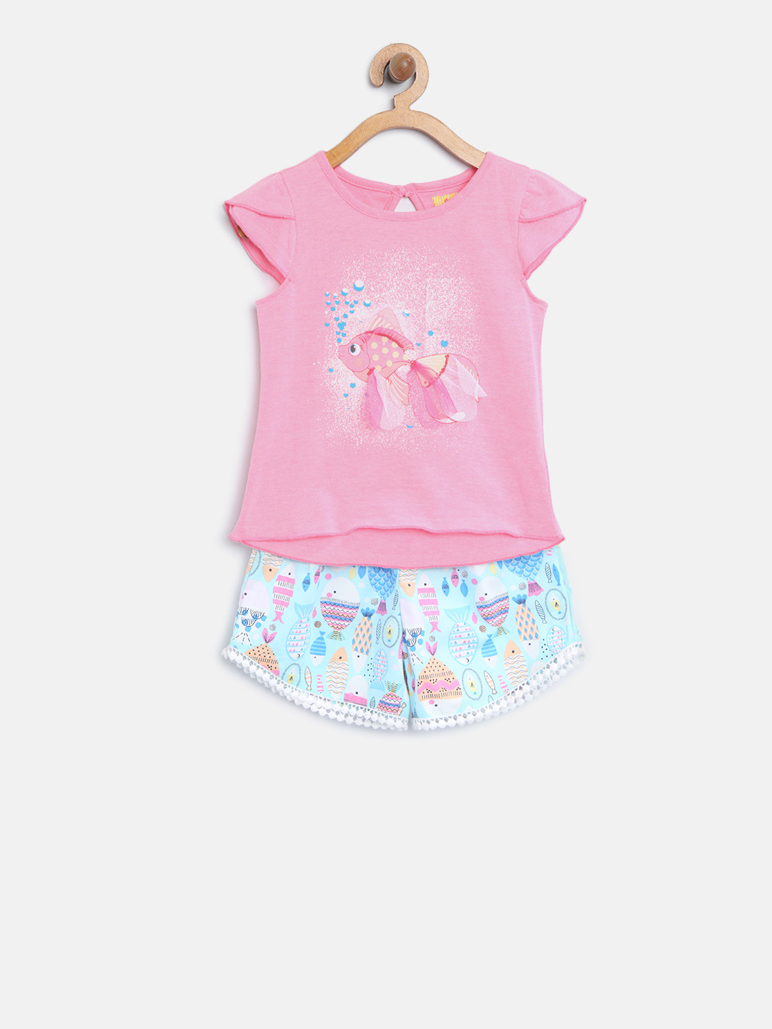 Nauti Nati Girls Printed Shoulder Strap Pure Cotton Top with Shorts