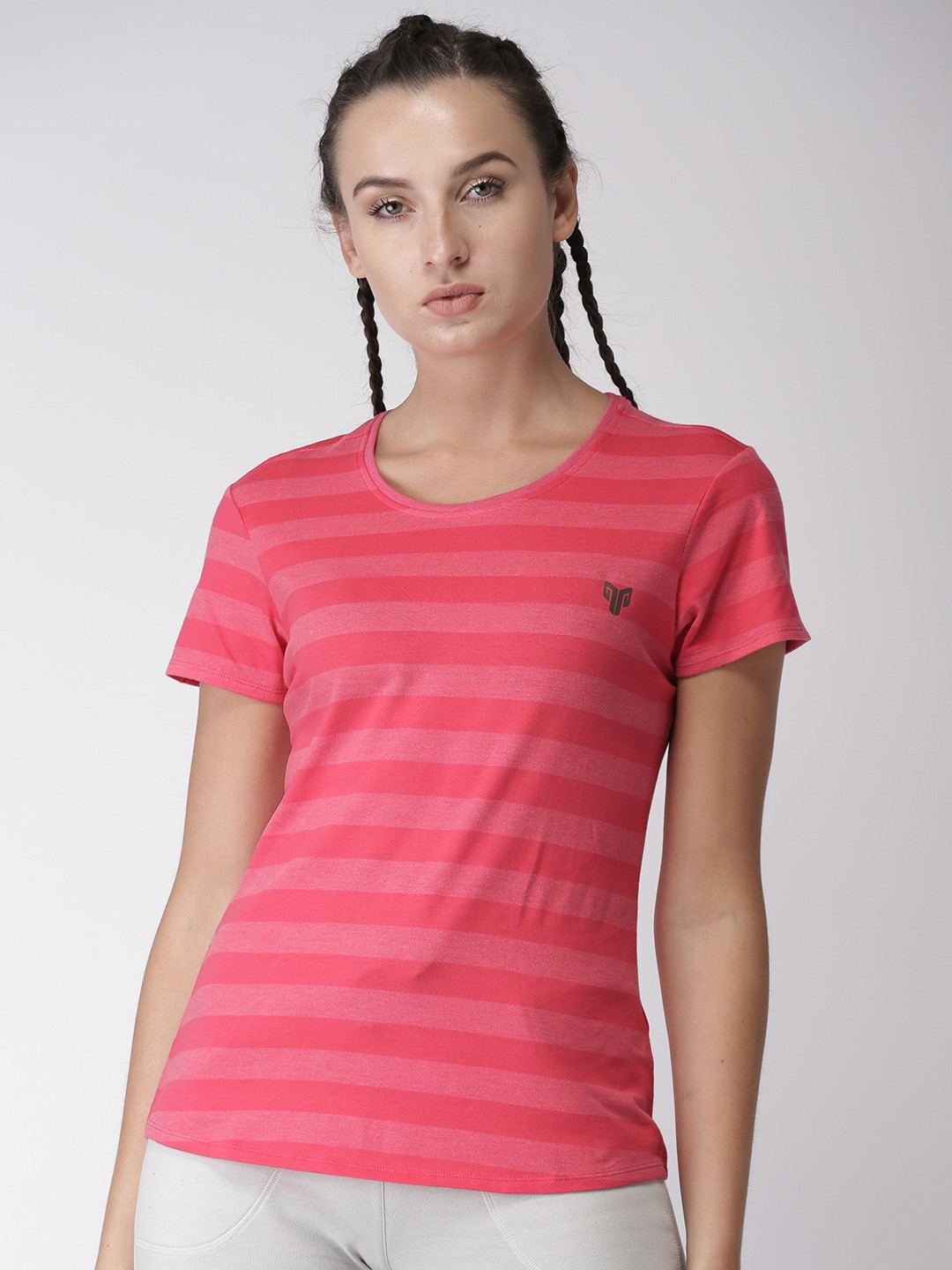Buy 2GO Women Pink Striped Round Neck Active Wear T Shirt Tshirts for
