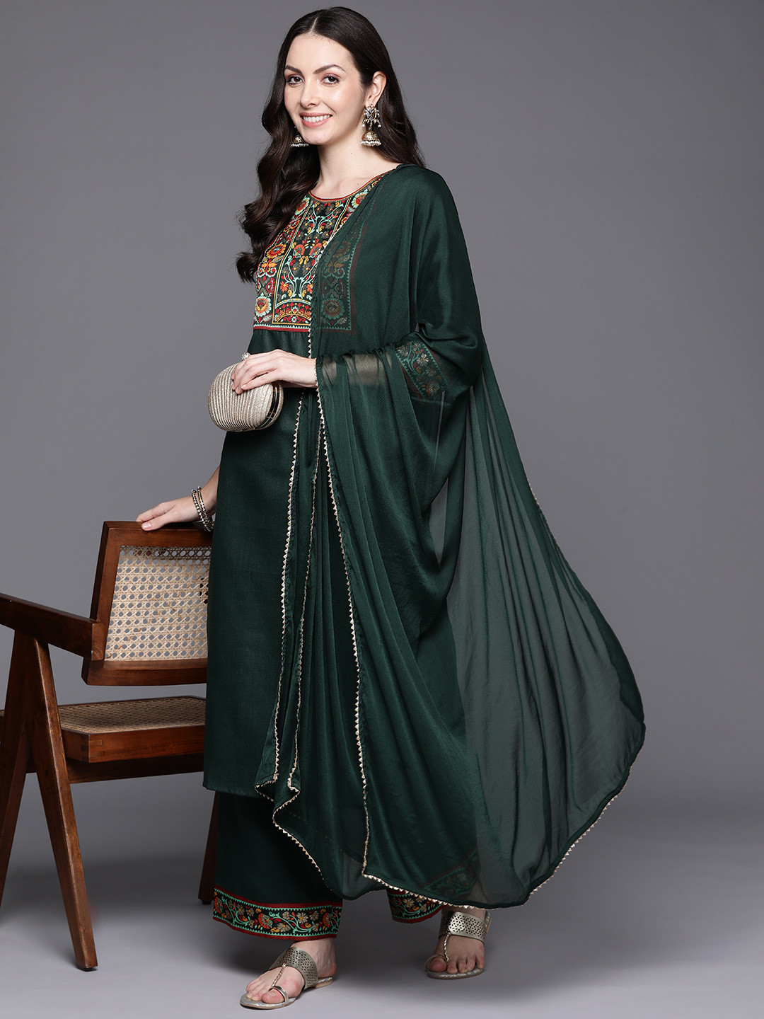 Indo Era Black Yoke Design Straight Kurta Palazzos With Dupatta Set