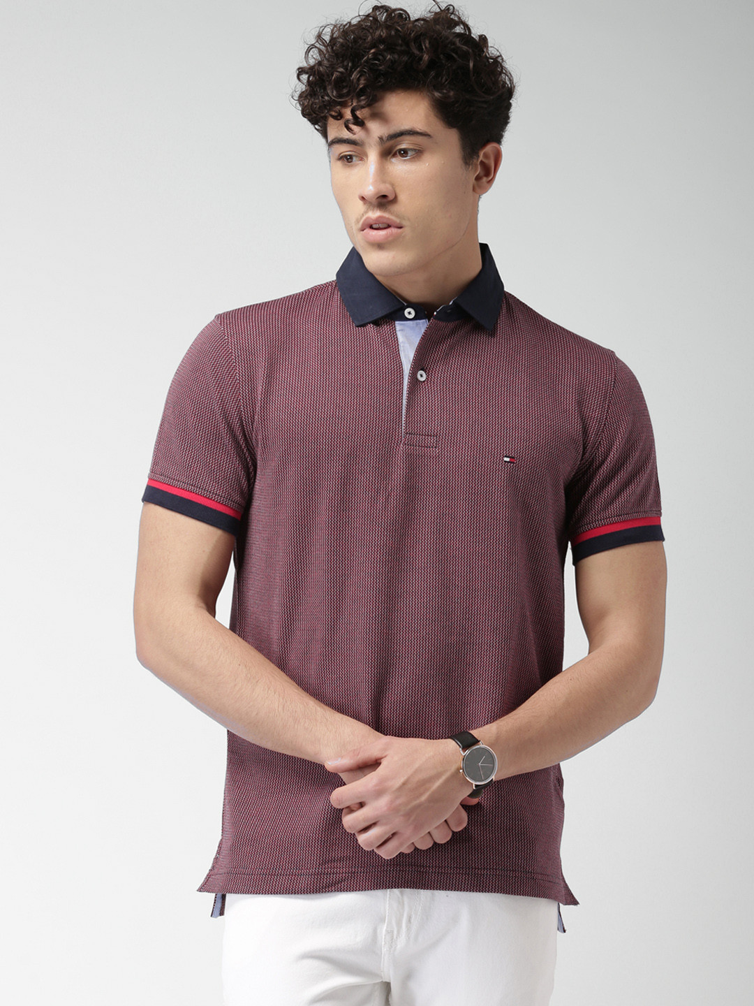 Buy Tommy Hilfiger Men Maroon Self Design Polo Collar T Shirt Tshirts